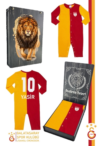 Galatasaray Lisanslı Uzun Kol İsme Özel Bebek Tulum Aslan Baskılı Ahşap Kutulu Sarı - Kırmızı