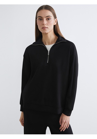 Lcw Comfort Siyah Dik Yaka Kadın Fermuarlı Sweatshirt