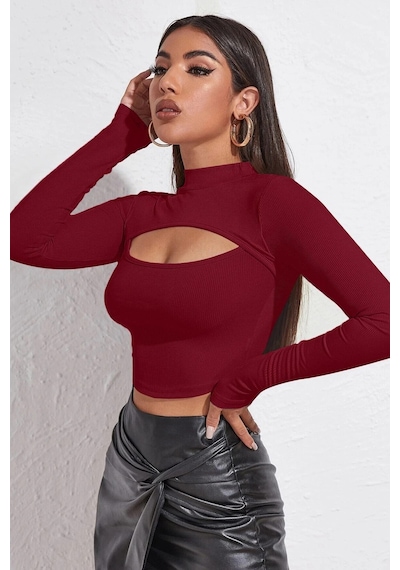 Moda Dua Kadın Bordo Göğüs Dekolteli Uzun Kollu Cut Out Crop Top Bluz