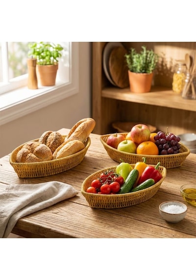 Buffer 3 Lü Kayık Formlu Plastik Rattan Sepet Seti Hasır Görünümlü Ekmek, Meyve Ve Sunum Sepetleri, Çok Amaçlı Masaüstü Kahverengi