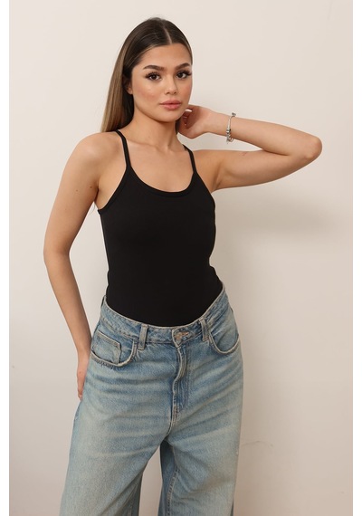 Jee Lee Kadın Askılı Kaplı Çıtçıtlı Body Siyah - 5070
