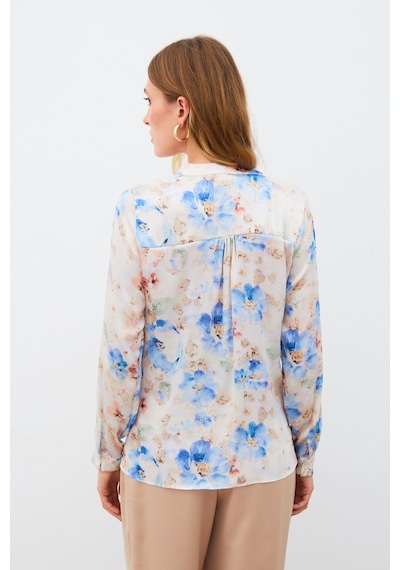 Sateen Desenli Kruvaze Bluz - Mavi-135215 Mavi