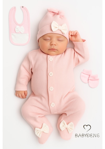 Babyden's 4 'lü Kız Bebek Fitilli Yenidoğan Bebek Tulum Seti %100 Pamuklu Hastane Çıkışı Açık Pembe
