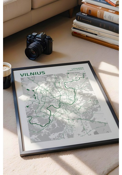 Vilnius Litvanya Haritası Çerçeveli Tablo Lüks Salon Ofis Duvar Dekorasyonu Hediyelik Tablo