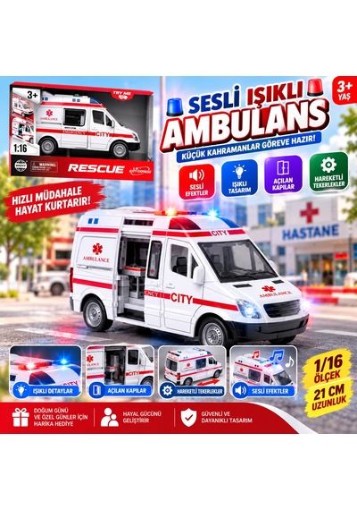 Pilli Sesli Işıklı 1/16 Ölçek Ambulans Oyuncak 21 Cm Gerçekçi Kurtarma Aracı