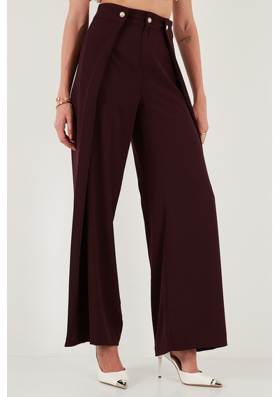 Lela Düğmeli Pile Detaylı Wide Leg Yüksek Bel Geniş Paça Bayan Pantolon 68351133 Mürdüm