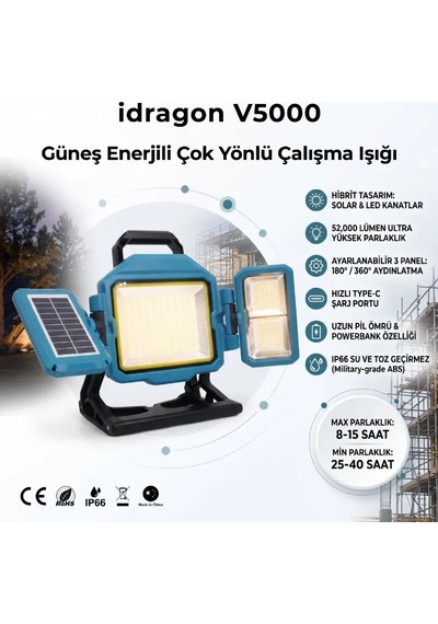 İdragon V5000 Güneş Enerjili Katlanabilir Solar Led Projektör- 16500mah Powerbankli, Kademesiz Dimmer Ayarlı, Ip66 Su Geçirmez Şantiye, Çalışma & Kamp Işığı