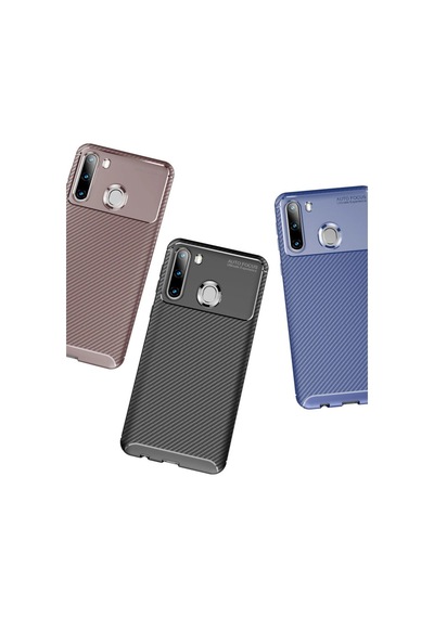 Samsung Galaxy A21 Kılıf Auto Focus Karbon Kapak - Kahverengi