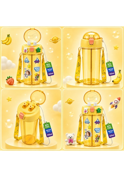 Heydiye Mâbeyn İkili Suluk 550 Ml Tritan Bpa-bps Free Matara, Çift Hazneli, Çift İçim Kapaklı, Bilek Ve Boyun Askılı, Sticker & 3d Figür Hediyeli Sarı