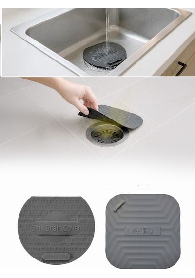 2'li Set Gri Kare Silikon Gider Koku Önleyici Kapak Ve Evye Lavabo Süzgeci