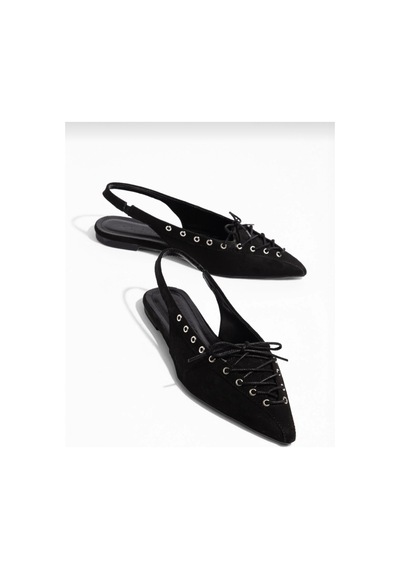 Dadwolf Kadın Süet Bağcıklı Slingback Babet Sivri Burun Arkası Açık Günlük Ayakkabı Siyah Süet