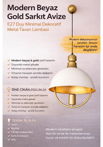 Modern Beyaz Gold Sarkıt Avize E27 Duy Metal Gövde Minimal Dekoratif Tavan Lambası 1