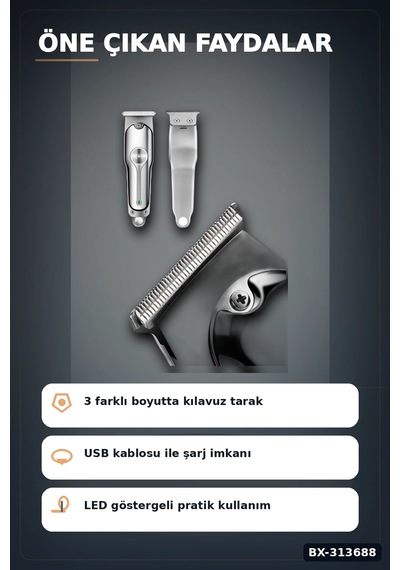 Turbo Hızlı 600 Mah Lityum Pil Saç Sakal Tıraş Makinesi - 3 Taraklı Kablosuz Bx-313688