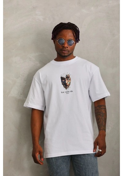 Oversize Baskılı Bisiklet Yaka T-shirt - Beyaz -