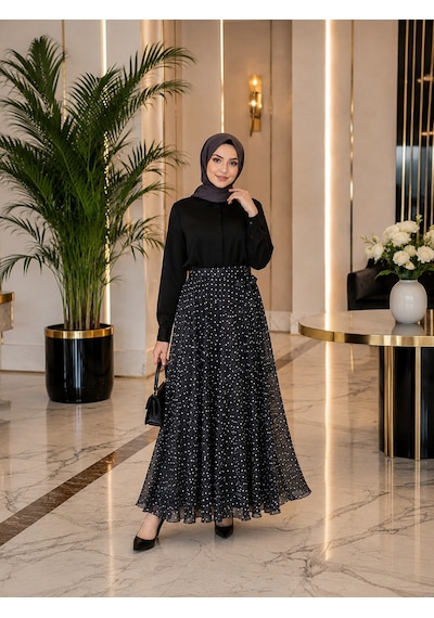 Esra Butik78 Siyah & Kahverengi Puantiyeli Astarlı Şifon Etek Kendi Kumaşından Kuşaklı, 95 Cm Esra Butik78 Siyah & Kahverengi Puantiyeli Astarlı Şifon Etek Kendi Kumaşından Kuşaklı, 95 Cm