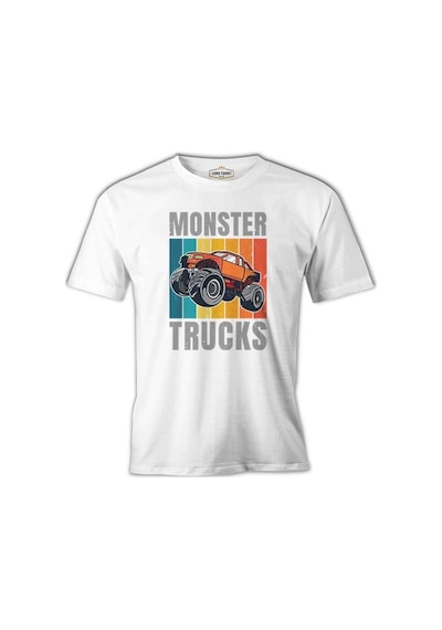 Monster Trucks Wit Retro Background Beyaz Erkek Tshirt 001