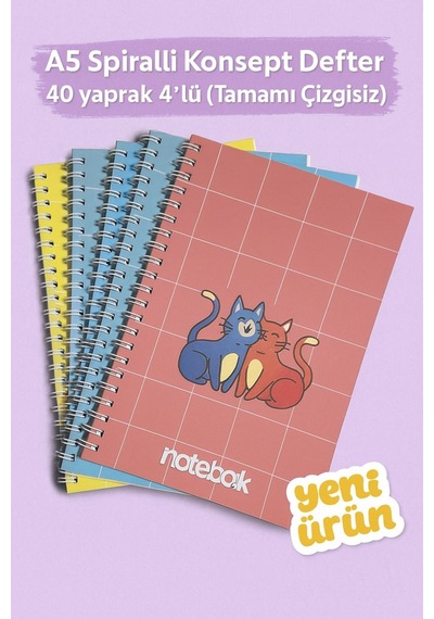 A5 Spiralli Konsept Defter 40 Yaprak 4'lü Tamamı Çizgisiz