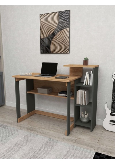 Enda Home Saye 5 Raflı Kitaplıklı Çalışma Masası Çam - Antrasit Koyu Gri - Çam