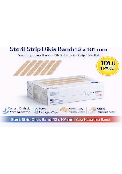 Steril Strip Dikiş Bandı 12 X 100 Mm Yara Kapatma Bandı Cilt Sabitleyici Strip 6'lı 1 Paket