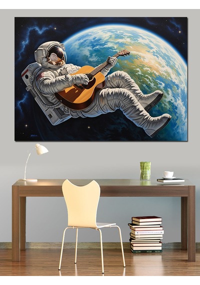Uzayda Gitar Çalan Astronot Ve Dünya Dekoratif Kanvas - Mdf Ahşap Tablo