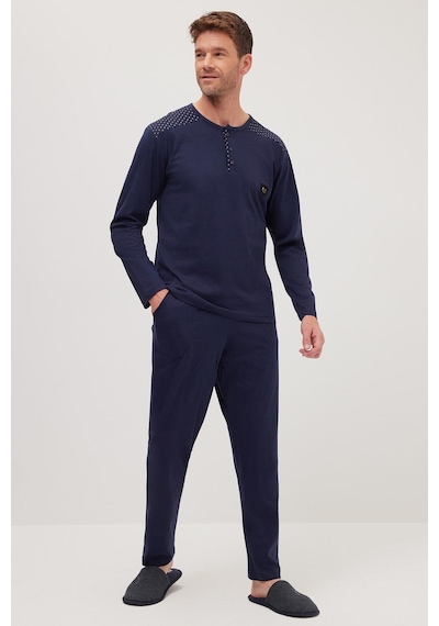 Tudors Erkek Standart Fit Normal Kesim %100 Pamuk Bisiklet Yaka Beli Lastikli Lacivert Pijama Takımı-37946 Lacivert