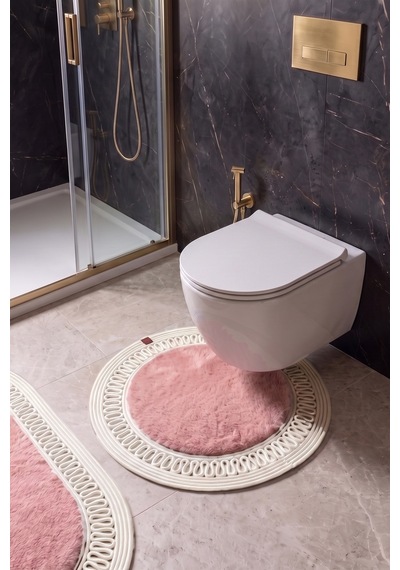 Banyo Paspası Takımı 60x100+60x60 Cm İç Trikot Pembe & Krem