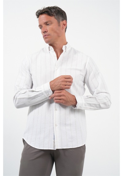 İmza Beyaz-haki Yumuşak Yaka Uzun Kol Slim Fit Pamuklu Gömlek 1004260259 Beyaz - Haki