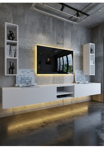 Resital Ledli Duvara Monte Tv Sehpası - Beyaz - W6002-1 Beyaz