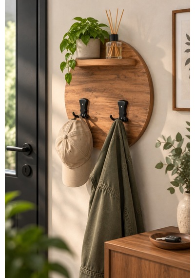 Sulorahome Ceviz Desenli Duvar Askılığı Ve Mini Raf Ünitesi
