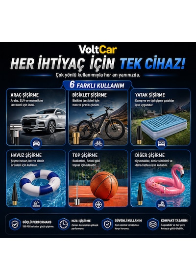 Voltcar Akü Takviye Cihazı Akıllı Araç Lastik Şişirme Kompresörü Powerbank Dijital Ekranlı Taşınabilir Hava Pompası