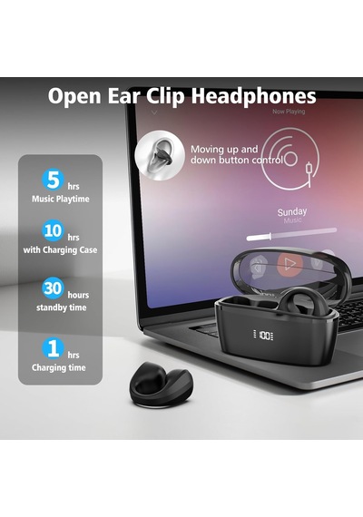 Kablosuz Kulaklıklar Bluetooth 5.3, Dahili Mikrofonlu Açık Kulak Klipsli Kulaklıklar, 30h Çalma Süresi, Şarj Kutu Genel