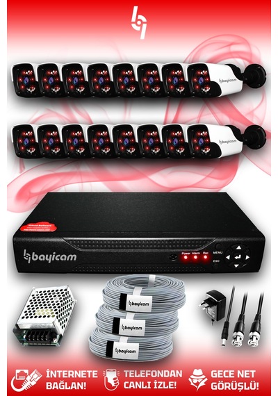 Bayicam 16 Kameralı Panda 16 Dış Kamera Set HDD'siz Full HD Gece Görüşlü Güvenlik Kamerası Sistemi