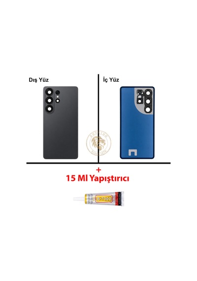 Samsung Galaxy S26 Ultra Siyah Renk Lensli Arka Kapak + B7000 Yapıştırıcı Arka Cam Batarya Kapağı Pil Kapağı Lazer Kesim Back Cover Galaxy S26 Ultra Uyumlu