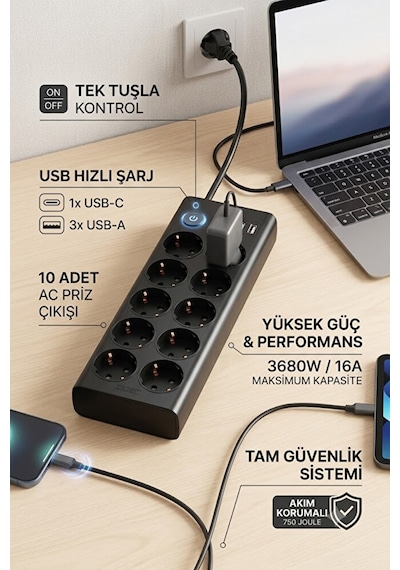 10'lu Akım Korumalı Priz 3680 Watt Koruma 16a 3 Usb + 1 Type-c Anahtarlı 2 Metre 2 M