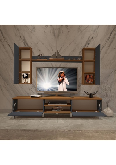 Decoraktiv Eko 5d Mdf Dvd Krom Ayaklı Tv Ünitesi Tv Sehpası Ceviz - Antrasit