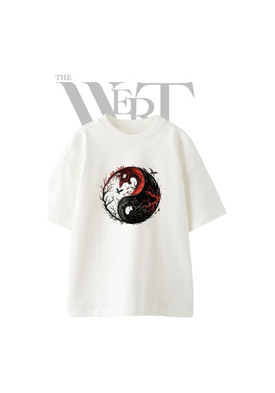 Thewert Dragon Yin Yang Tasarım Baskılı Ünisex Beyaz Oversize T-shirt