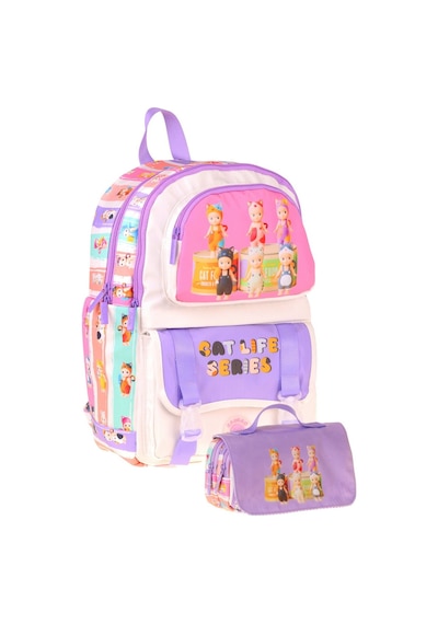 Kaukko Kids Cat Life Mor - Krem Kız Çocuk İlkokul Sırt Çantası Ve Kalem Çantası Seti - Setkk-l5313c