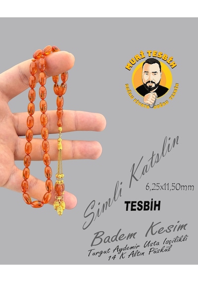 Muri Tesbih 14 K Altın Püsküllü Turgut Aydemir Simli Katalin Badem Kesim 6,25x11,50