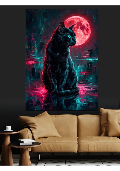 Dolunay Altında Neon Kara Kedi Dekoratif Kanvas - Mdf Ahşap Tablo