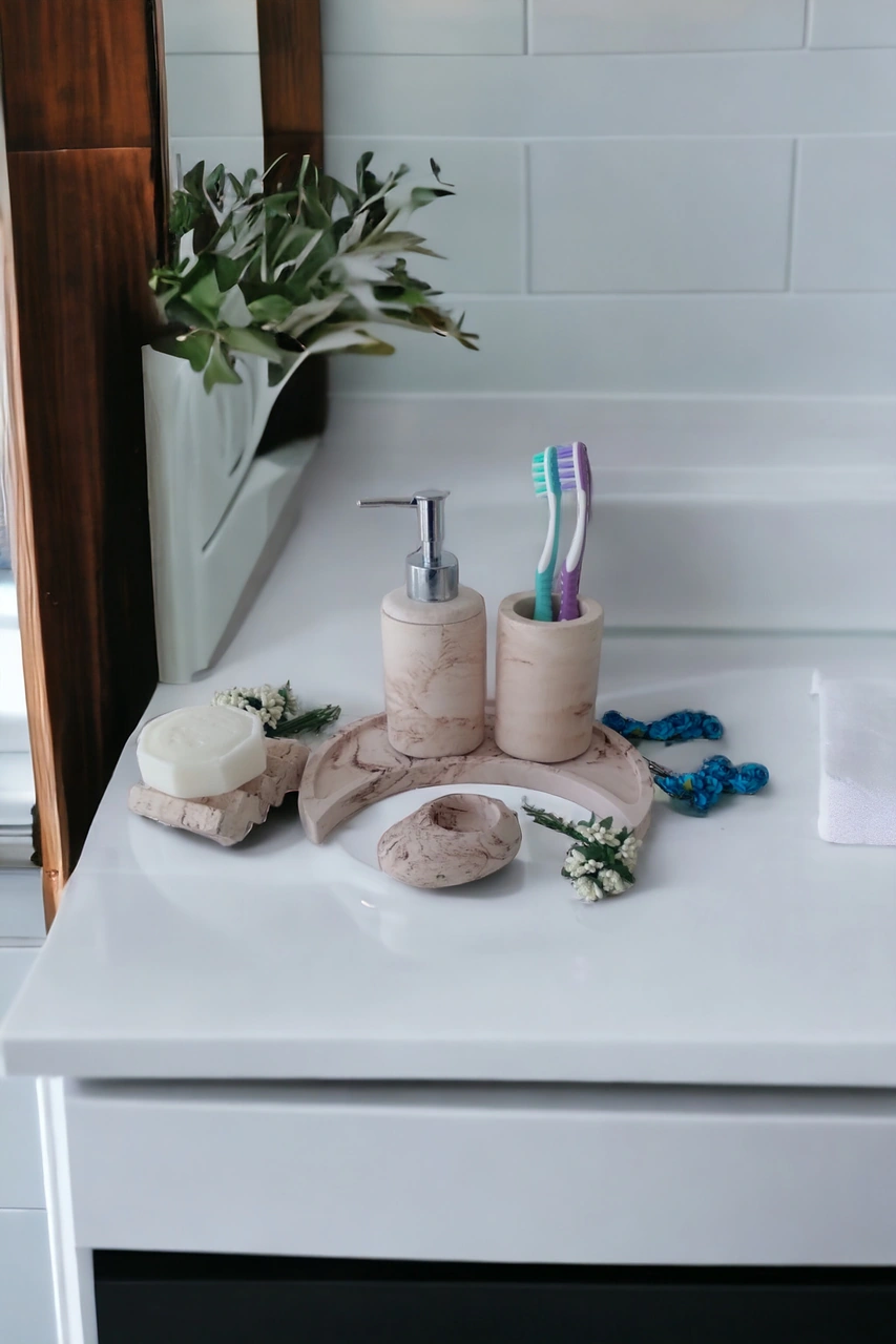Bej Hilal Tepsili Banyo Seti ,sıvı Sabunluk Diş Fırçalığı Beton Aksesuar Takımı Bej