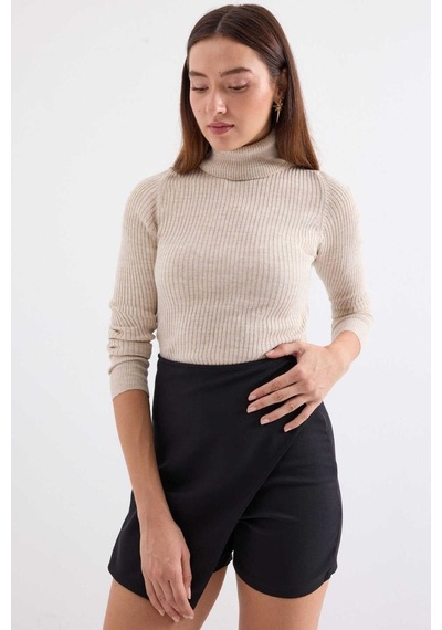 Onno Style Women Fitilli Balıkcı Yaka Basic Kazak Bej