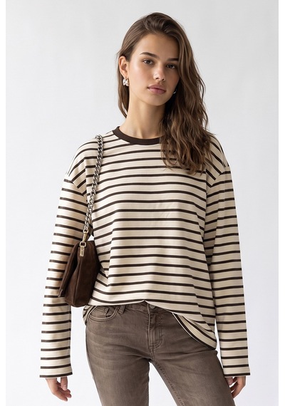 Mixray 2236 Çizgili Bisiklet Yaka Uzun Kol Oversize Sweatshirt Kahve