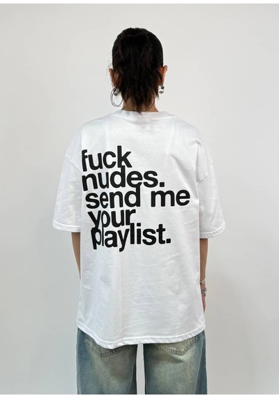 Zaee Playlist Oversize Baskılı Tişört Beyaz