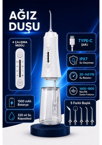 Şarjlı Ağız Duşu - 320ml Su Hazneli 5 Başlık 4 Çalışma Modlu Su Geçirmez Ağız Diş Dil Temizleyici Beyaz