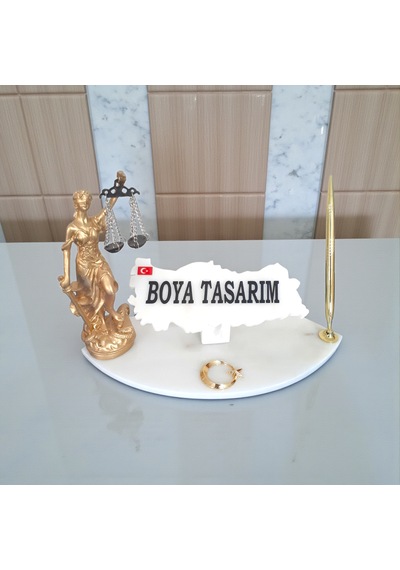 Doğal Beyaz Mermer İsimlik Sümen Takımı Kalem Ve Terazi Metal Ay Yıldızlı