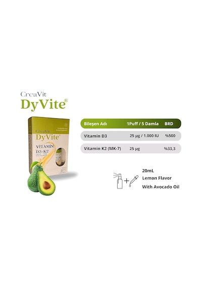 Dyvite Vitamin D3k2, Avokado Yağlı, Limon Aromalı Takviye Edici Gıda, 20 Ml