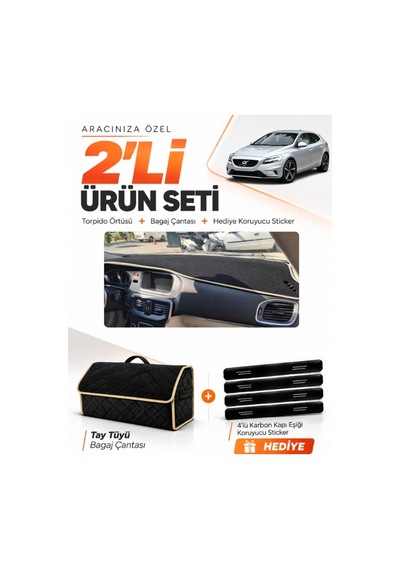 Volvo V40 2012-2019 Uyumlu Torpido Örtüsü + Tay Tüyü Bagaj Çantası + Sticker Seti - Siyah Bej