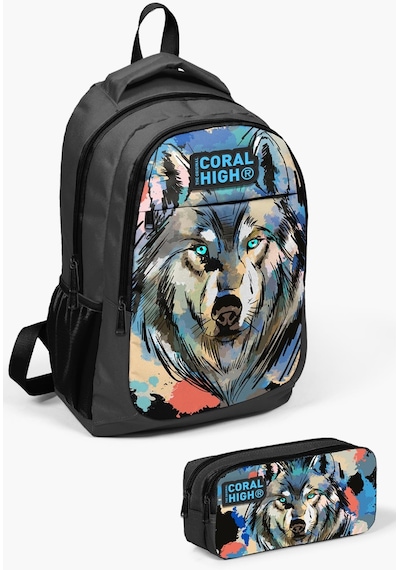 Coral High Kids Gri Siyah Kurt Desenli 2'li Okul Çanta Seti Set0214404