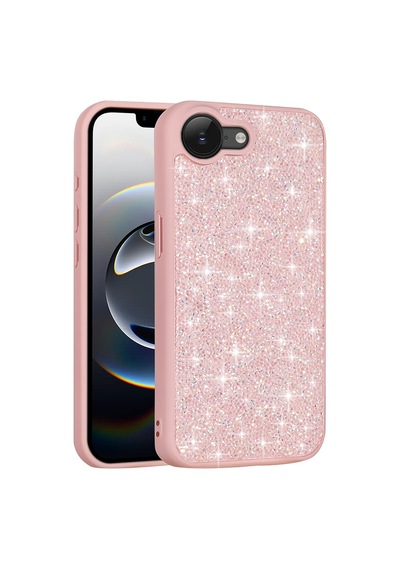 Apple iPhone Uyumlu 16e Kılıf Simli Pırlanta Taşlı Kamera Yükseltili Silikon Uzaklarda Arama Pembe