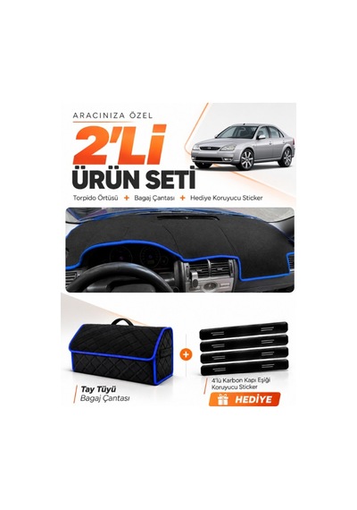 Ford Mondeo 3 2000-2007 Uyumlu Torpido Örtüsü + Tay Tüyü Bagaj Çantası + Sticker Seti - Siyah Mavi